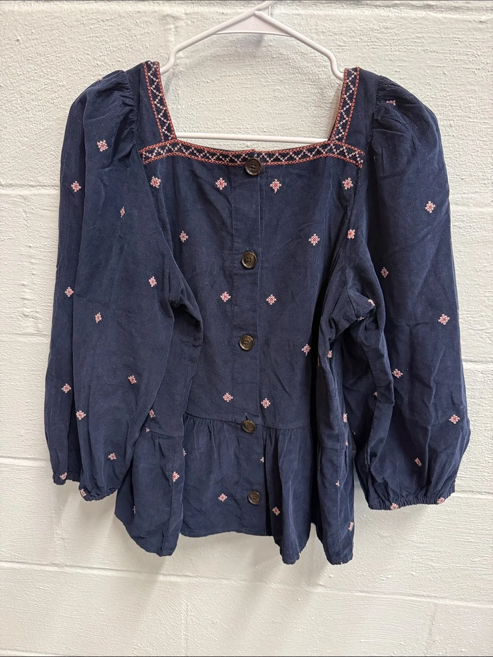 Madewell Navy Blouse with Pink Embroidery